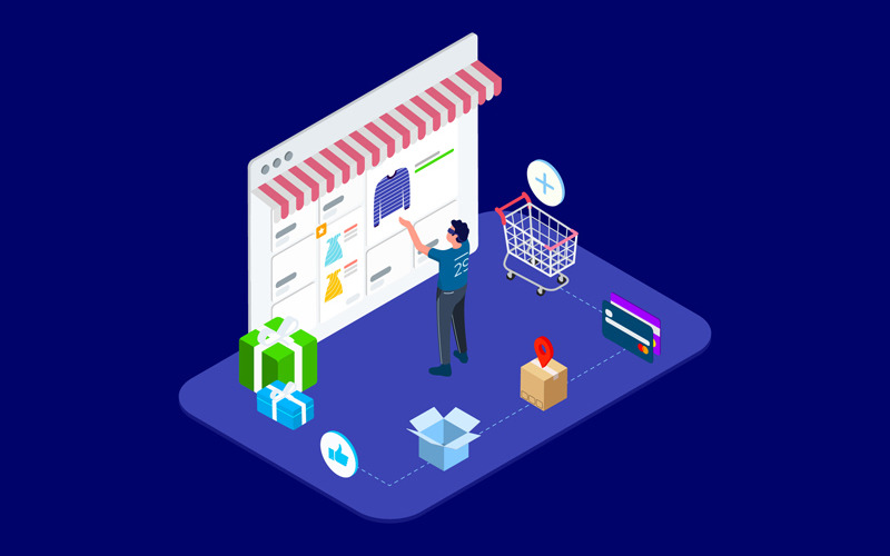 Download Иллюстрация "Shopping Online with VR Isometric 4 - T2 - Illustration" / Shopping Online with VR Isometric 4 - T2 - Illustration - Иллюстрация на тему графика isometric illustration blockchain platform finance report chart analysis growth device laptop bussiness strategy people design.