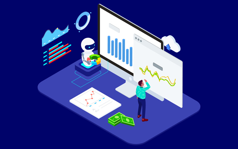 Download Иллюстрация "Smart Chatbot to Your Business Isometric - T2 - Illustration" / Smart Chatbot to Your Business Isometric - T2 - Illustration - Иллюстрация на тему графика isometric illustration blockchain platform finance report chart analysis growth device laptop bussiness strategy people design.