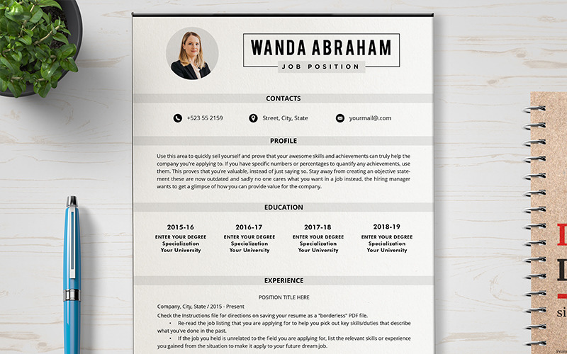 Download Резюме "Wanda Resume Template" / Wanda Resume Template - Резюме на тему графика layout,resume,clean,cv,cover,creative,curriculum,vitae,design,template,employment,job,modern,professional,simple,us,student,portfolio,templates,reference