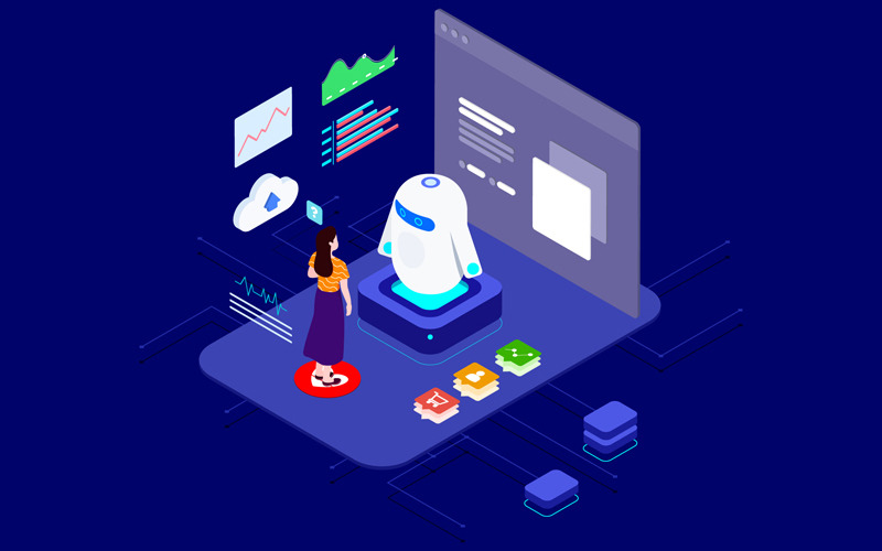 Download Иллюстрация "Woman Chatting on Chatbot Application Isometric - T2 - Illustration" / Woman Chatting on Chatbot Application Isometric - T2 - Illustration - Иллюстрация на тему графика isometric illustration blockchain platform finance report chart analysis growth device laptop bussiness strategy people design.