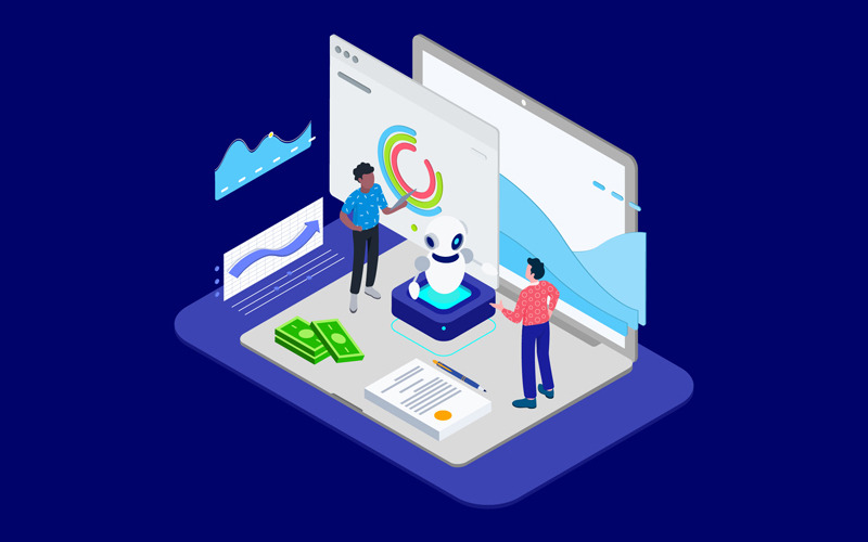 Download Иллюстрация "Communication with Cilent by AI Isometric 1 - T2 - Illustration" / Communication with Cilent by AI Isometric 1 - T2 - Illustration - Иллюстрация на тему графика isometric illustration blockchain platform finance report chart analysis growth device laptop bussiness strategy people design.