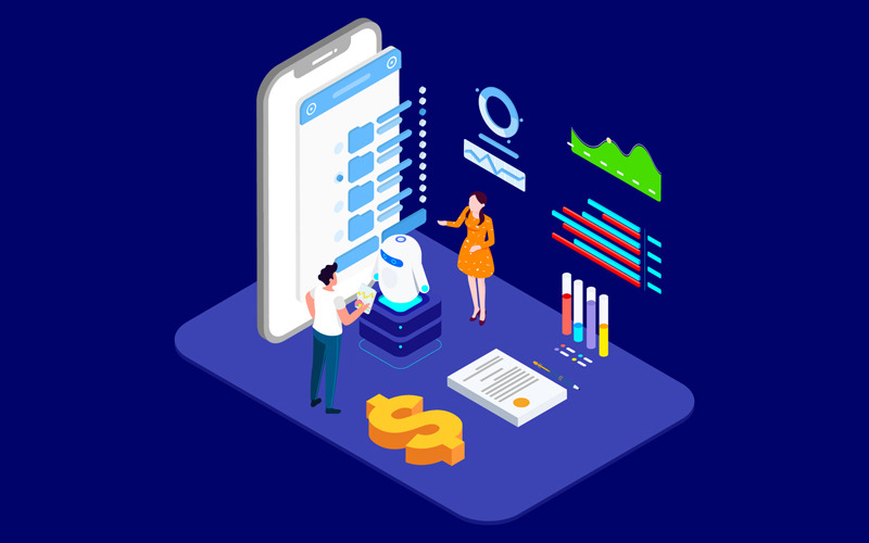 Download Иллюстрация "Communication with Cilent by AI Isometric 2 - T2 - Illustration" / Communication with Cilent by AI Isometric 2 - T2 - Illustration - Иллюстрация на тему графика isometric illustration blockchain platform finance report chart analysis growth device laptop bussiness strategy people design.