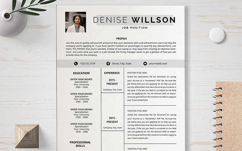 Download Резюме "Denese Willson Resume Template" / Denese Willson Resume Template - Резюме на тему графика layout,a4,resume,clean,cv,cover,creative,curriculum,vitae,design,template,employment,job,modern,professional,simple,student,portfolio,templates,cmyk