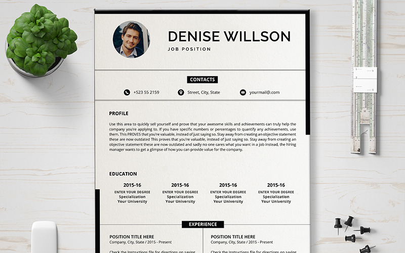 Download Резюме "Denise Resume Template" / Denise Resume Template - Резюме на тему графика layout,a4,resume,clean,cv,cover,creative,curriculum,vitae,design,template,employment,job,modern,professional,simple,student,portfolio,career,templates