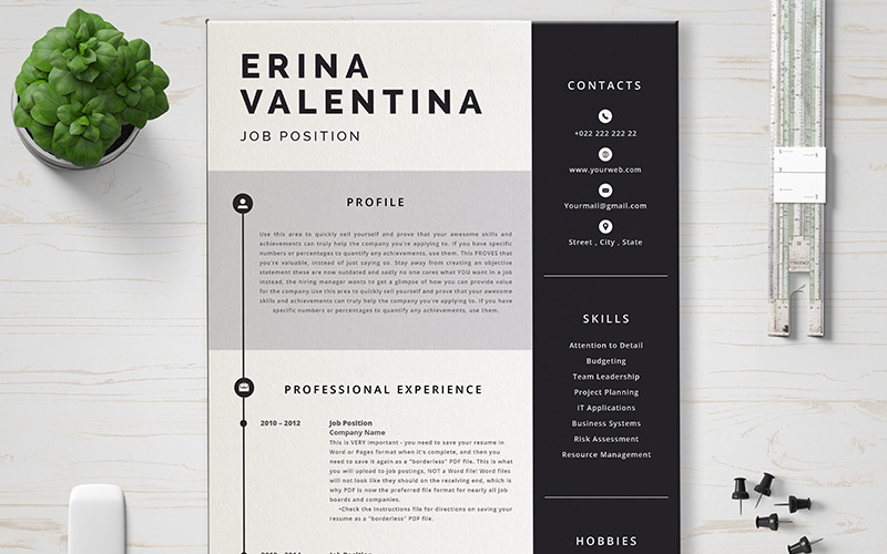 Download Резюме "Erina Resume Template" / Erina Resume Template - Резюме на тему графика layout,a4,resume,clean,cv,cover,creative,curriculum,vitae,design,template,employment,job,modern,professional,simple,student,portfolio,career,letter