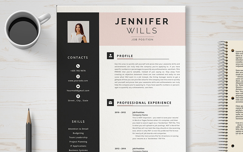 Download Резюме "Jennifer Resume Template" / Jennifer Resume Template - Резюме на тему графика layout,a4,resume,clean,cv,cover,creative,curriculum,vitae,design,template,employment,job,modern,professional,simple,student,portfolio,career,letter