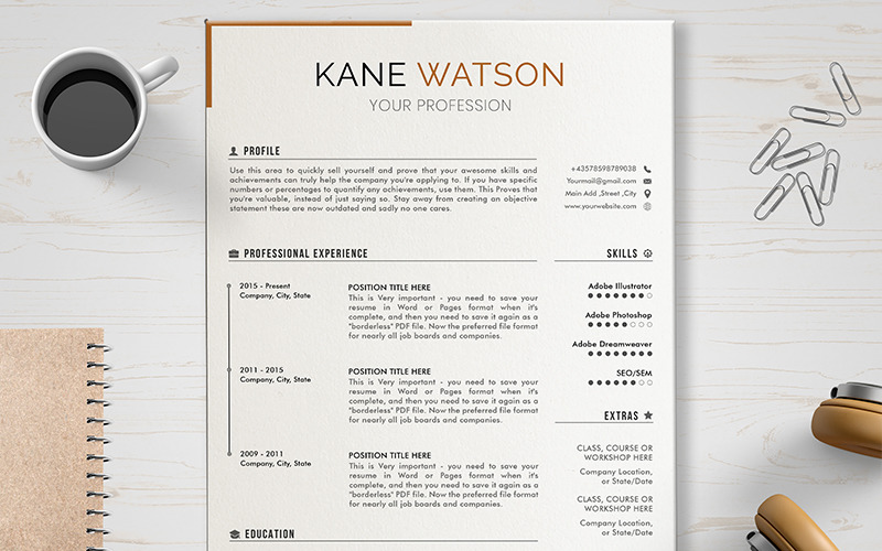 Download Резюме "Kane Resume Template" / Kane Resume Template - Резюме на тему графика layout,a4,resume,clean,cv,cover,creative,curriculum,vitae,design,template,employment,job,modern,professional,simple,student,portfolio,career,templatesundefined