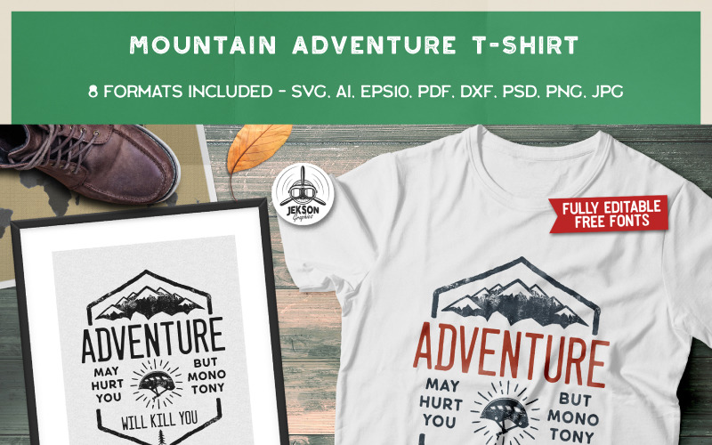 Download T-shirt Design "Mountain Adventure - T-shirt Design" / Mountain Adventure - T-shirt Design - T-shirt Design на тему графика camping logo summer badge patch design outdoors svg wanderlust camp travel icon mountains adventure insignia hiking t-shirt print branding label