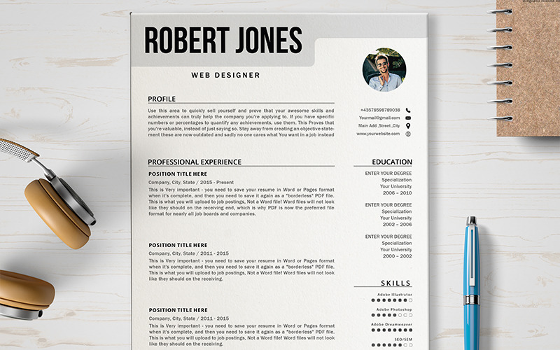 Download Резюме "Robert Resume Template" / Robert Resume Template - Резюме на тему графика layout,a4,resume,clean,cv,cover,creative,curriculum,vitae,design,template,employment,job,modern,professional,simple,student,portfolio,career,templates