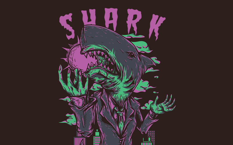 Download T-shirt Design "Shark City - T-shirt Design" / Shark City - T-shirt Design - T-shirt Design на тему графика illustration t-shirt design artwork apparel merch fashion style creative artistic custom dope streetwear shark attack city business cartoon comic mascot