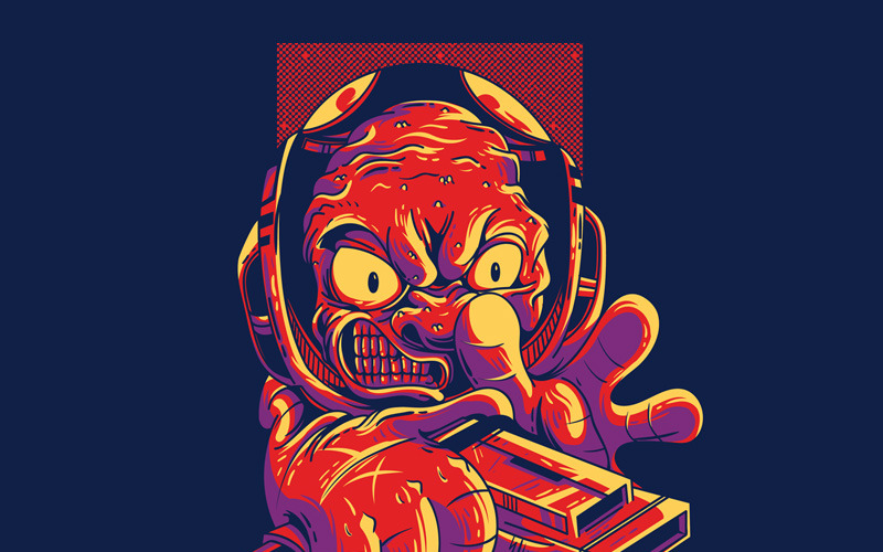 Download T-shirt Design "Space Alien - T-shirt Design" / Space Alien - T-shirt Design - T-shirt Design на тему графика illustration t-shirt design artwork apparel merch fashion style creative artistic custom dope streetwear space alien shooter mascot brand red dark