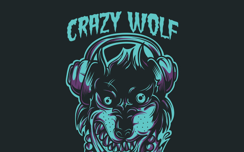 Download T-shirt Design "Crazy Wolf - T-shirt Design" / Crazy Wolf - T-shirt Design - T-shirt Design на тему графика illustration t-shirt design artwork apparel merch fashion style creative artistic custom dope streetwear wolf dark music show festival dj wolves