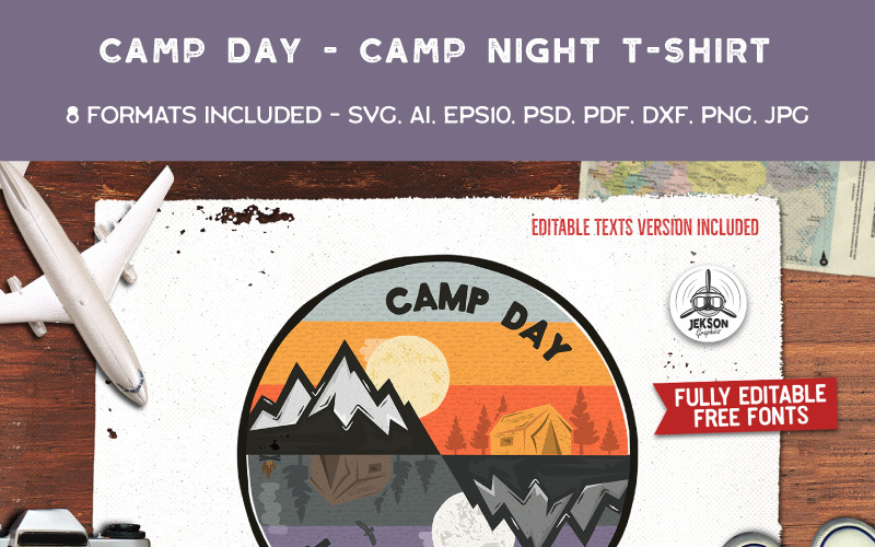 Download T-shirt Design "Camp Day Camp Night - T-shirt Design" / Camp Day Camp Night - T-shirt Design - T-shirt Design на тему графика adventure tshirt print logo vintage wanderlust mountain hiking template tee design insignia activity stamp
