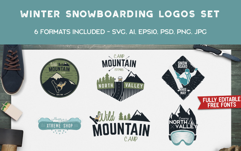 Modello di logo di disegni di snowboard invernali