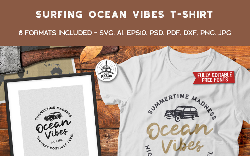 Download T-shirt Design "Ocean Vibes, Surfing - T-shirt Design" / Ocean Vibes, Surfing - T-shirt Design - T-shirt Design на тему графика surfing logo summer badge patch design outdoors svg wanderlust surf t-shirt road trip adventure insignia hiking print branding travel label