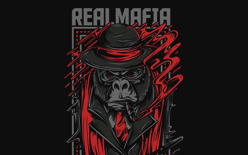 Download T-shirt Design "Real Mafia - T-shirt Design" / Real Mafia - T-shirt Design - T-shirt Design на тему графика illustration t-shirt design artwork apparel merch cartoon events fashion graphics poster mascot festival dark gorilla boss mafia red smoke cigar