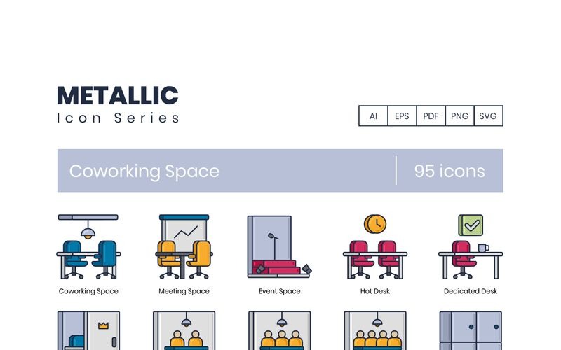 95 Coworking Space - Conjunto de iconos de la serie metálica