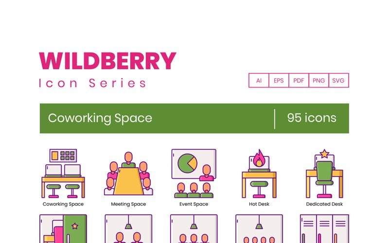 95 Coworking Space-pictogrammen - Wildberry-serie