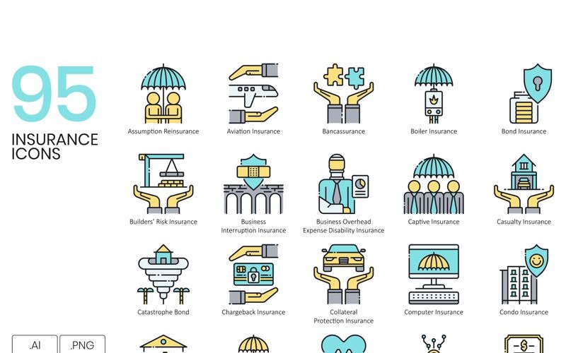 Download Набор иконок "95 Insurance Icons - Aqua Series Set" / 95 Insurance Icons - Aqua Series Set - Набор иконок на тему графика 