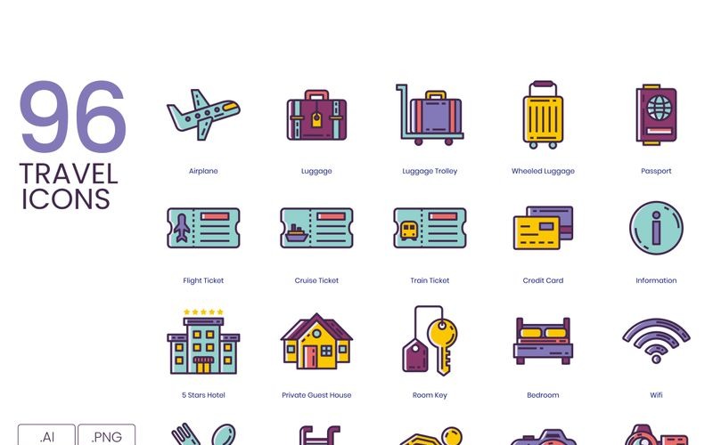 Download Набор иконок "96 Travel Icons - Lilac Series Set" / 96 Travel Icons - Lilac Series Set - Набор иконок на тему графика 