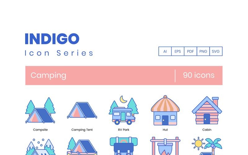 Download Набор иконок "90 Camping Icons - Indigo Series Set" / 90 Camping Icons - Indigo Series Set - Набор иконок на тему графика 