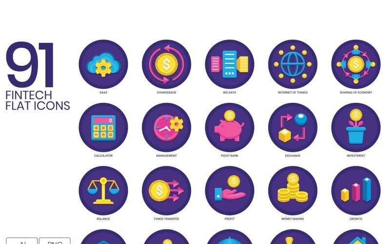 91 Fintech Icons - Orchid Series Set