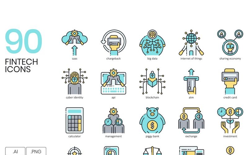 90 Fintech-ikoner - Aqua Series-set