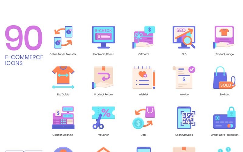 90 ícones de comércio eletrônico - Conjunto de série violeta