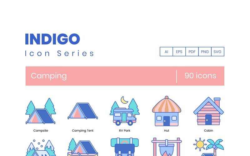 90 iconos de camping - conjunto de la serie Indigo
