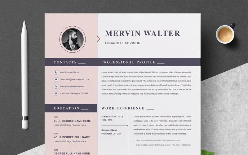 Download Резюме "Mervin Resume Template" / Mervin Resume Template - Резюме на тему графика 1 page resume 2 clean cv cover letter design template illustrator eps mac pages microsoft word modern photoshop psd professional