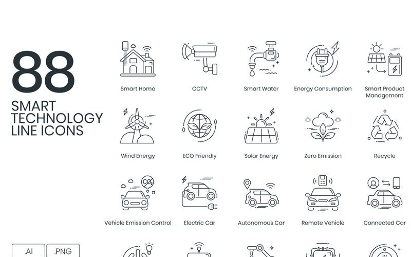 Download Набор иконок "88 Smart Technology Line Icons Set" / 88 Smart Technology Line Icons Set - Набор иконок на тему графика 