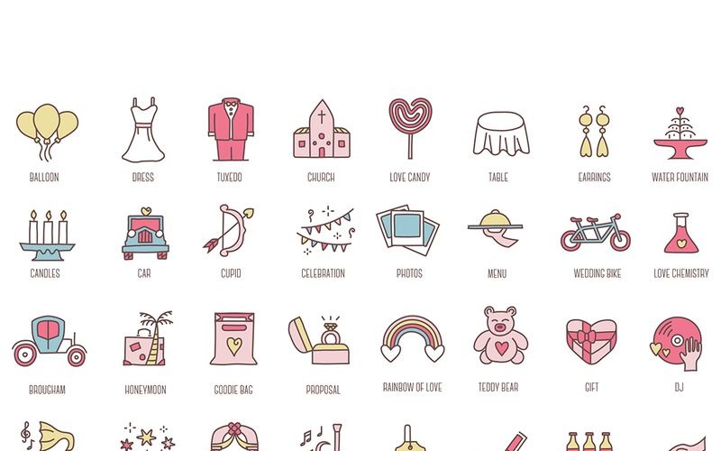 Download Набор иконок "88 Wedding Colored Icons Set" / 88 Wedding Colored Icons Set - Набор иконок на тему графика 
