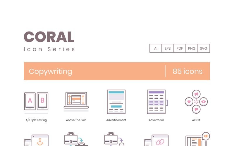 Download Набор иконок "85 Copywriting Icons - Coral Series Set" / 85 Copywriting Icons - Coral Series Set - Набор иконок на тему графика 