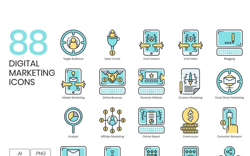 Download Набор иконок "88 Digital Marketing Icons - Aqua Series Set" / 88 Digital Marketing Icons - Aqua Series Set - Набор иконок на тему графика 