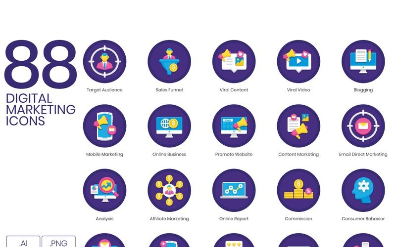 Download Набор иконок "88 Digital Marketing Icons - Orchid Series Set" / 88 Digital Marketing Icons - Orchid Series Set - Набор иконок на тему графика 