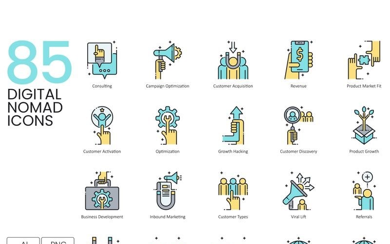 Download Набор иконок "85 Digital Nomad Icons - Aqua Series Set" / 85 Digital Nomad Icons - Aqua Series Set - Набор иконок на тему графика 