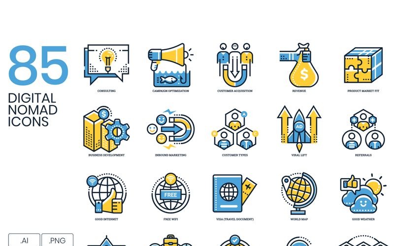 Download Набор иконок "85 Digital Nomad Icons - Kinetic Series Set" / 85 Digital Nomad Icons - Kinetic Series Set - Набор иконок на тему графика 