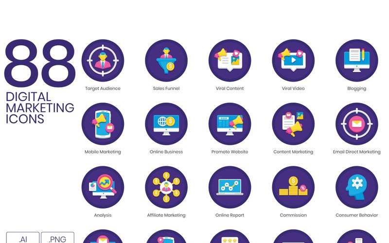 88 icônes de marketing numérique - ensemble de série orchidée