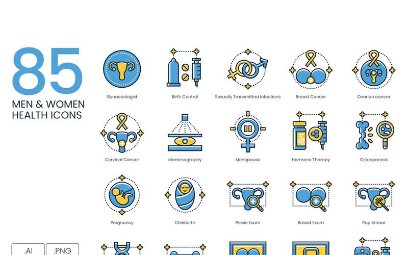 Download Набор иконок "85 Men _ Women Health Icons - Kinetic Series Set" / 85 Men _ Women Health Icons - Kinetic Series Set - Набор иконок на тему графика 