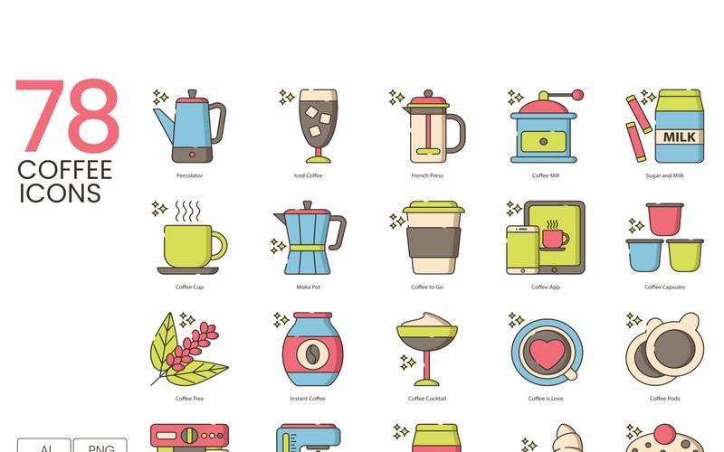 Download Набор иконок "78 Coffee Icons - Hazel Series Set" / 78 Coffee Icons - Hazel Series Set - Набор иконок на тему графика 