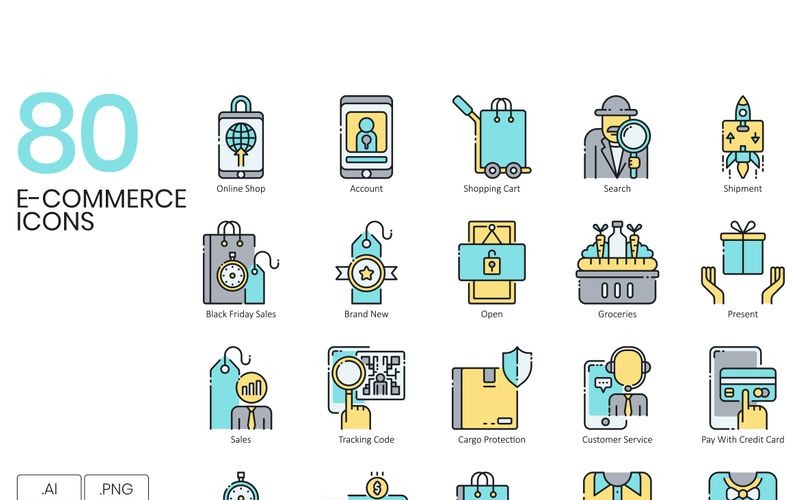 Download Набор иконок "80 E-commerce Icons - Aqua Series Set" / 80 E-commerce Icons - Aqua Series Set - Набор иконок на тему графика 