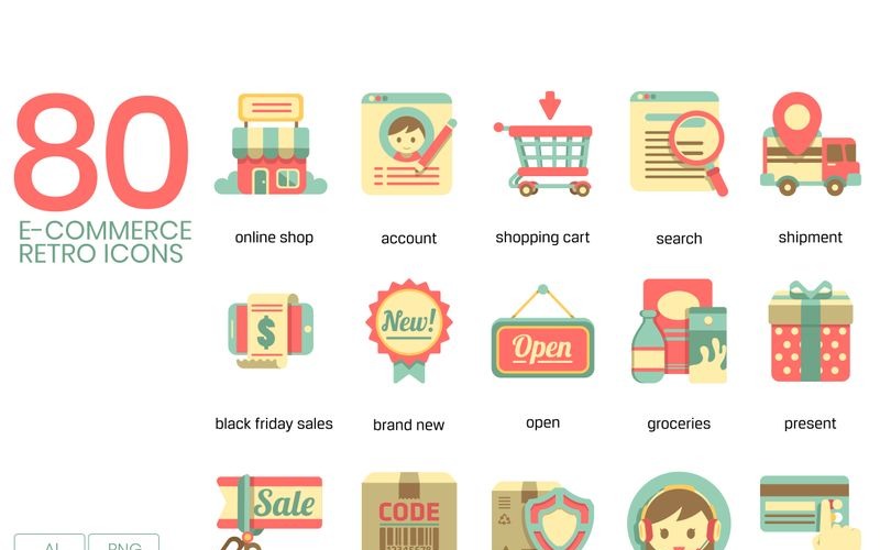 Download Набор иконок "80 E-commerce Icons - Retro Series Set" / 80 E-commerce Icons - Retro Series Set - Набор иконок на тему графика 