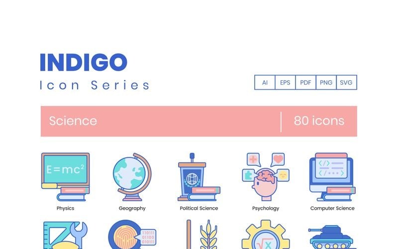 80 icone della scienza - Set di serie Indigo