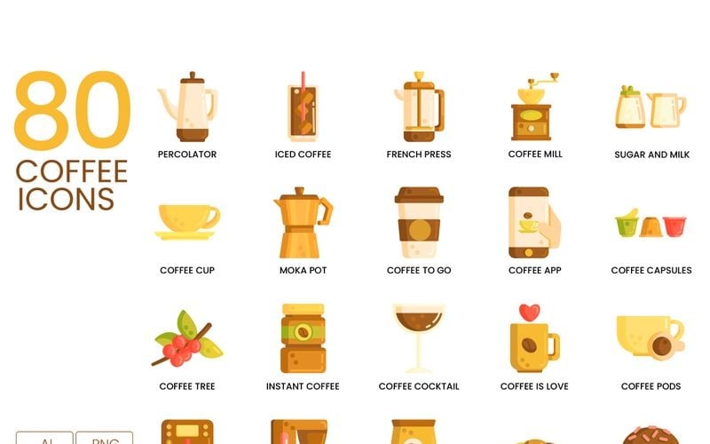 80 ícones de café - conjunto série caramelo