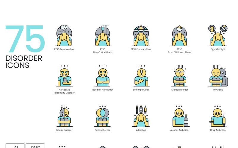 75 iconos de trastorno - conjunto de la serie Aqua