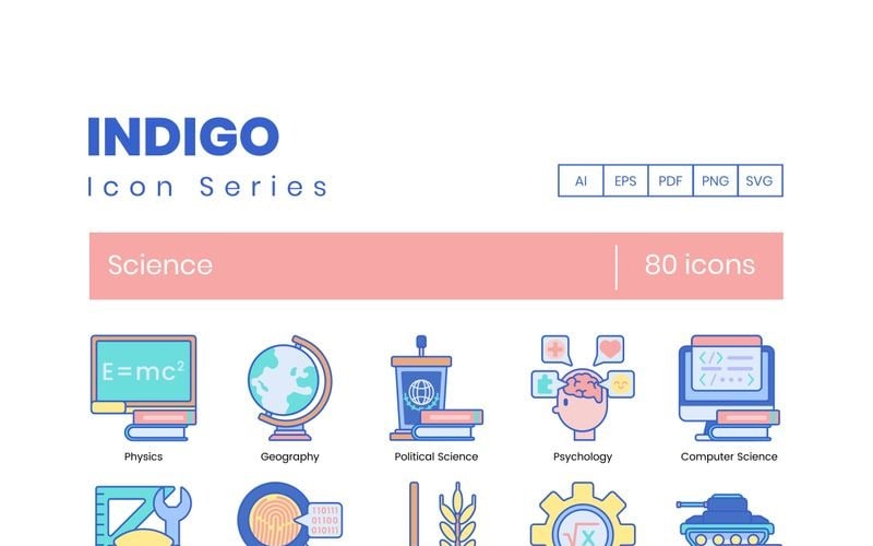 80 ikon vědy - sada série Indigo