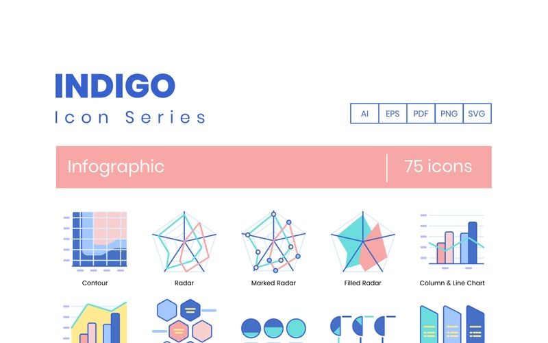Download Набор иконок "75 Infographic Icons - Indigo Series Set" / 75 Infographic Icons - Indigo Series Set - Набор иконок на тему графика 