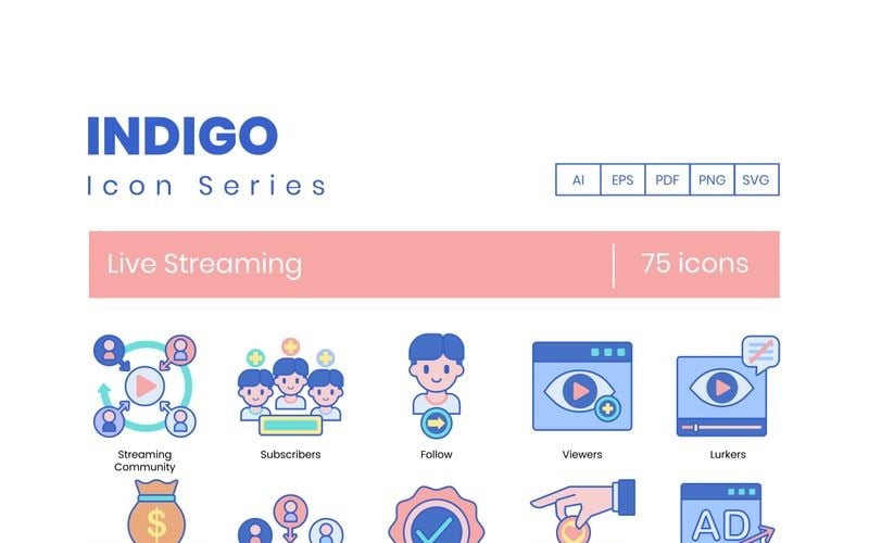 75 Live Streaming Icons - Indigo Series Set
