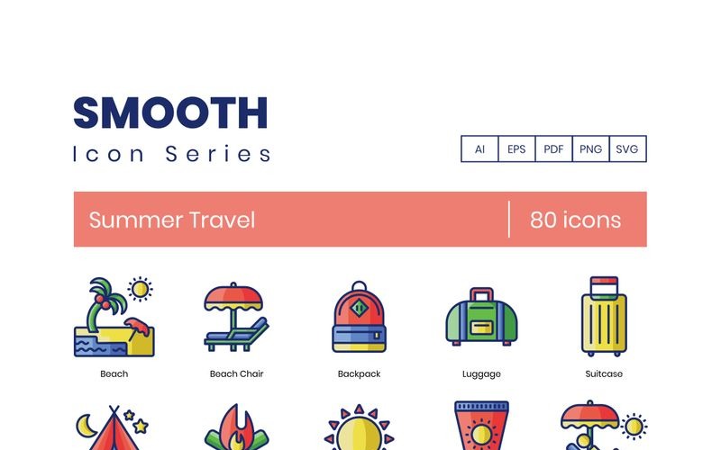 Download Набор иконок "80 Summer Travel Icons - Smooth Series Set" / 80 Summer Travel Icons - Smooth Series Set - Набор иконок на тему графика 