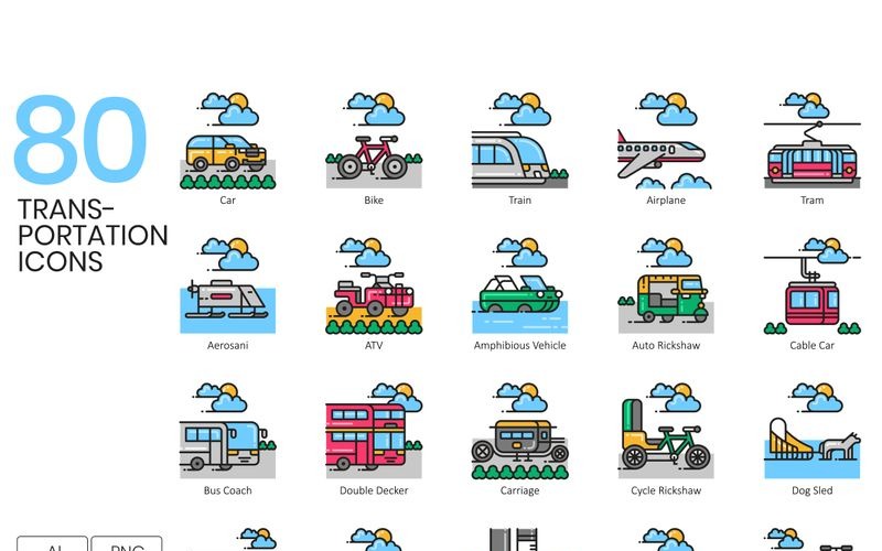 Download Набор иконок "80 Transportation Icons - Aesthetic Series Set" / 80 Transportation Icons - Aesthetic Series Set - Набор иконок на тему графика 
